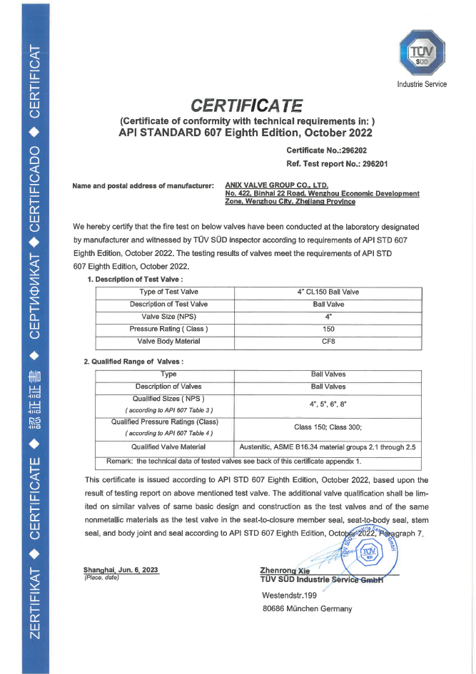 API607 Firesafe Flanged Ball Less than 8in Certificate